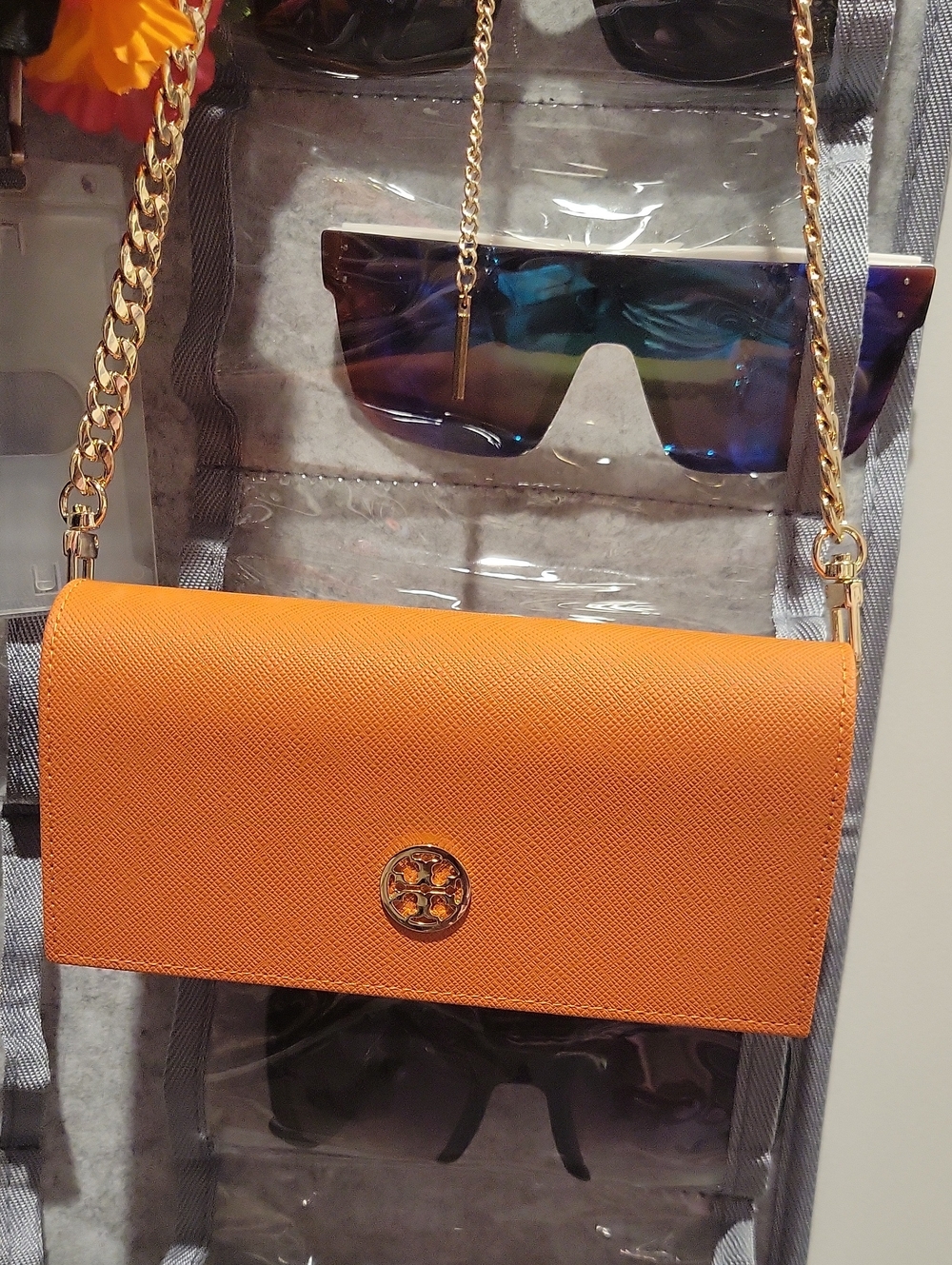 Upcycled Tory Burch Orange Leather Crossbody with Gold Chain